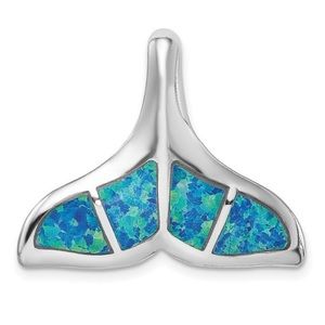 925 Sterling Silver RH-Plated Created Blue Opal Whale Tail Pendant Necklace Slid